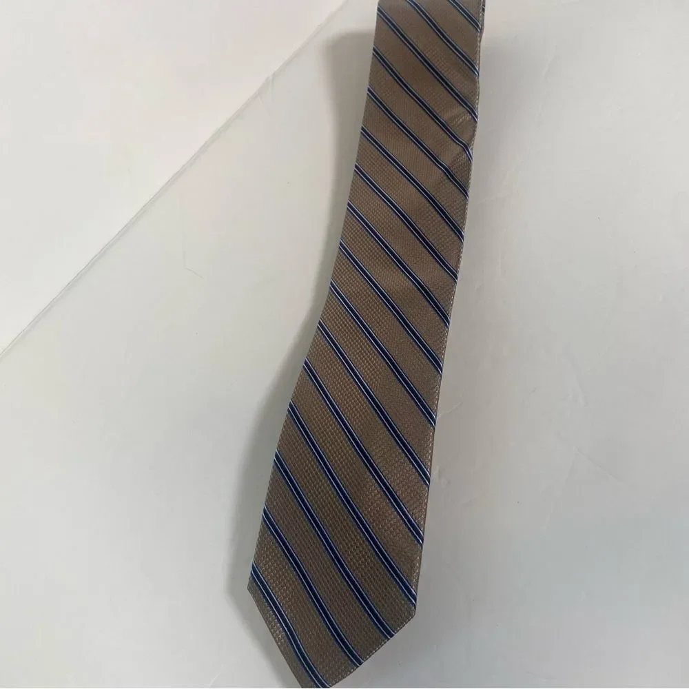 Michael Kors 100% Silk Tan With Blue and White Stripe Tie